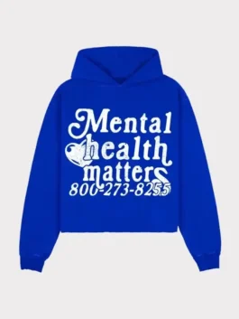 Mental Health Matters Hoodie in bold blue fleece with Euphoric 777 detailing, a hooded collar and a clean pullover everyday awareness-inspired streetwear build.