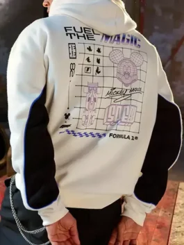 Disney x Formula 1 Velocity Mickey Mouse Hoodie in fresh off-white fleece with a hooded collar, kangaroo pocket and bold Mickey Mouse Formula 1 Velocity graphic.