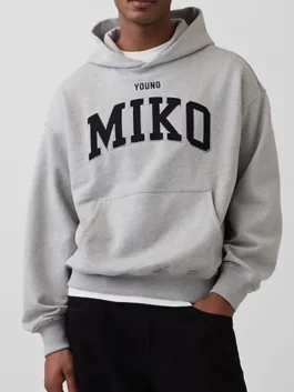 Gap Young Miko Heavyweight Logo Hoodie in grey fleece featuring hooded collar, pullover closure, kangaroo pocket, full length sleeves and rib knitted cuffs and hem