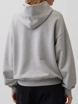Gap Young Miko Heavyweight Logo Hoodie back view in grey fleece with hooded collar, pullover closure, full length sleeves and rib knitted cuffs and hem