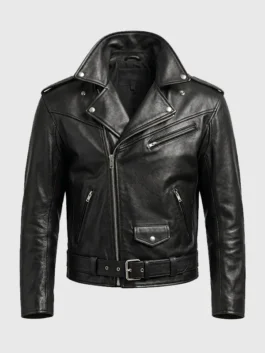Tom Brady Gucci Event Black Leather Biker Jacket front view featuring a professional zipper closure and luxury lapel collar.