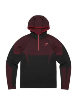 Gymshark Onyx 5.0 Seamless Hoodie in bold red premium fabric front view with a hooded collar and Gymshark's sharp seamless half zip athletic everyday silhouette.