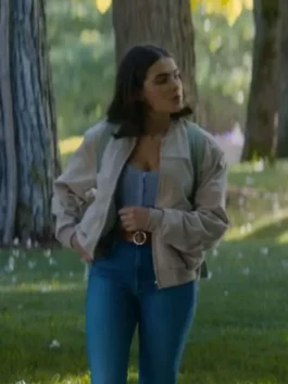 Off Campus Ella Bright Bomber Jacket in professional beige cotton fabric with a luxury rib knitted collar finish.