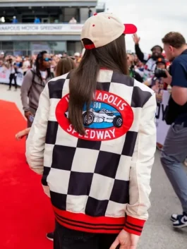 Caitlin Clark Indianapolis Racing Jacket in striking black and white wool with a rib knitted collar and Caitlin Clark's bold commanding Indianapolis racing presence.