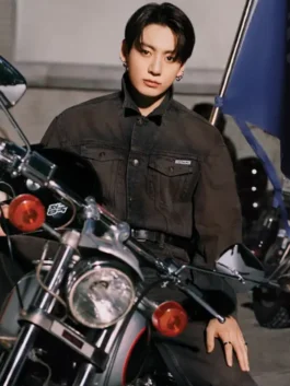 Jung Kook Calvin Klein Denim Trucker Jacket 2026 edition in rich dark brown denim with a shirt collar and Jung Kook's bold Calvin Klein everyday presence.