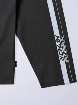 Jung Kook Calvin Klein Racing Stripe Shirt 2026 edition in rich black fleece with a round neck collar and Jung Kook's bold contemporary Calvin Klein presence.