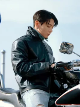Jung Kook Calvin Klein Black Leather Jacket in rich black premium leather with a shirt style collar and Jung Kook's bold fearless Calvin Klein everyday presence.