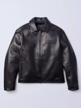 Jung Kook Calvin Klein Black Leather Jacket front view in sleek black premium leather with a shirt collar and Jung Kook's sharp bold Calvin Klein everyday presence.