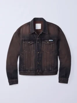 Jung Kook Calvin Klein Denim Trucker Jacket in rich dark brown denim with a shirt style collar and Jung Kook's fearless bold Calvin Klein trucker everyday presence.