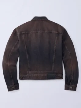 Jung Kook Calvin Klein Denim Trucker Jacket back view in rich dark brown denim with a clean structured shirt collar and Jung Kook's bold CK everyday presence.