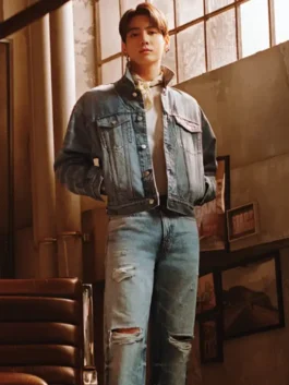 Jung Kook Calvin Klein Denim Trucker Jacket in classic denim with a shirt style collar and Jung Kook's sharp and confident Calvin Klein everyday presence.