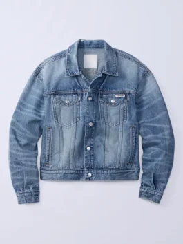 Jung Kook Calvin Klein Denim Trucker Jacket front view in classic denim with a shirt collar, button closure and Jung Kook's sharp Calvin Klein trucker silhouette.