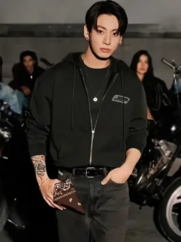 Jung Kook Calvin Klein Hoodie in rich fleece with a hooded collar, kangaroo pockets and Jung Kook's sharp bold Calvin Klein campaign everyday zip-up presence.