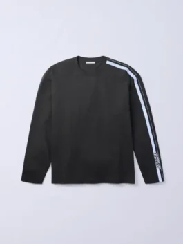 Jung Kook Calvin Klein Racing Stripe Shirt front view in bold black fleece with a round neck collar and striking racing stripe detailing throughout the build.