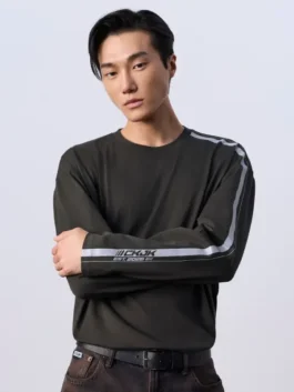 Jung Kook Calvin Klein Racing Stripe Shirt in bold black fleece with a round neck collar and Jung Kook's sharp Calvin Klein racing stripe everyday presence.
