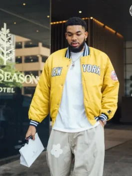Karl-Anthony Towns New York Knicks Yellow Jacket in yellow satin with rib knitted collar, snap tab button closure and rib knitted cuffs and hem