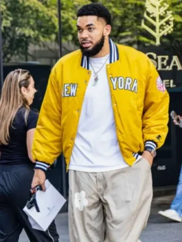 Karl-Anthony Towns New York Knicks Yellow Jacket front view in yellow satin with rib knitted collar, snap tab button closure and rib knitted cuffs and hem