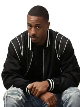 The Gates 2026 Keith Powers Black Bomber Jacket featuring a professional zipper closure and luxury black and white finish.
