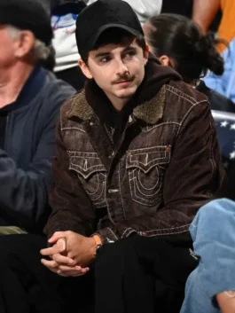 Knicks vs 76ers Timothee Chalamet Trucker Jacket in warm brown corduroy with a sherpa collar and Timothee Chalamet's effortless NBA courtside everyday presence.