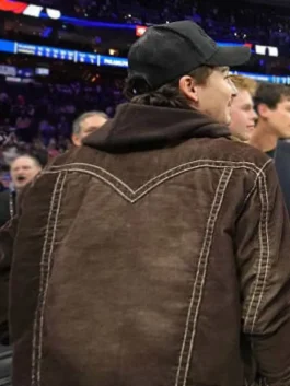 Knicks vs 76ers Timothee Chalamet Trucker Jacket back view in warm brown corduroy with a sherpa collar and a clean structured button-up everyday silhouette.