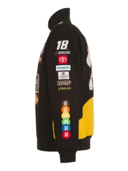 Nascar M&Ms Kyle Busch JH Design Black Jacket left view highlighting professional racing patches and luxury finish.