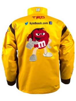 Kyle Busch Joe Gibbs Yellow M&Ms Nascar Jacket back view showcasing professional character graphics and luxury hem.