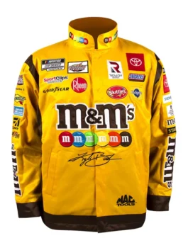 Kyle Busch Joe Gibbs Yellow M&Ms Nascar Jacket in professional yellow and brown cotton with a luxury stand up collar.