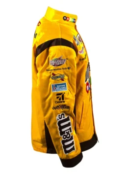 Kyle Busch Joe Gibbs Yellow M&Ms Nascar Jacket right view highlighting professional sponsor patches and luxury alignment.