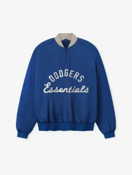 LA Dodgers Fear of God Essentials Half Zip Jacket in bold blue polyester with rib knitted cuffs, half zip collar and the iconic LA Dodgers x FOG everyday presence.