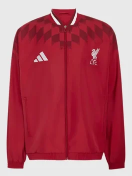 LFC Adidas 26/27 Stadium Track Jacket in bold maroon polyester with a rib knitted collar and Liverpool FC's sharp 26/27 stadium track everyday presence.