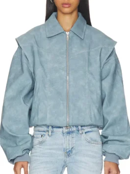 Lioness Vista Bomber Jacket front view featuring a professional zipper closure and luxury shirt style collar.