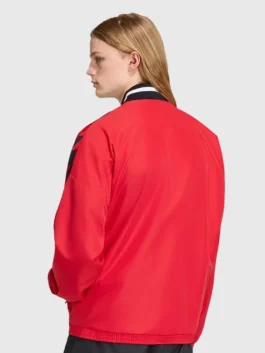 Manchester United Adidas Stadium Track Jacket back view in bold polyester with clean Manchester United stadium detailing and a structured rib knitted collar silhouette.