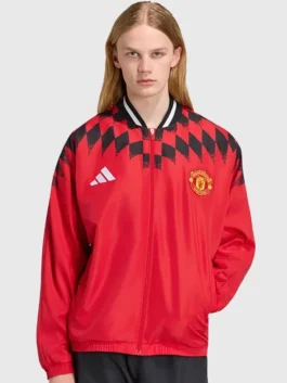 Manchester United Adidas Stadium Track Jacket front view in bold polyester with a rib knitted collar and Manchester United's sharp stadium track zip-up everyday build.