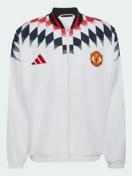 Manchester United Adidas Stadium Track Jacket in clean white polyester with a rib knitted collar and Manchester United's bold sharp stadium track everyday presence.