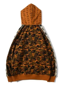 Unisex MCM Bape Hoodie zip up back view in rich brown fleece with striking Bape printed detailing and a clean structured rib knitted hem everyday silhouette.