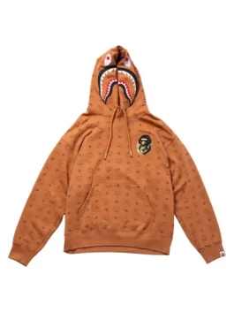 MCM x BAPE Monogram Shark Hoodie in bold brown fleece with iconic shark monogram artwork, rib knitted cuffs and the legendary MCM x Bape collab hooded presence.