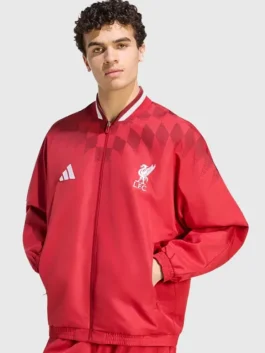 LFC Adidas 26/27 Stadium Track Jacket men's edition in bold maroon polyester with a rib knitted collar and a sharp Liverpool FC 26/27 stadium everyday silhouette.
