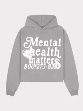 Mental Health Matters Hoodie in clean grey fleece with a hooded collar and a relaxed bold pullover everyday awareness-inspired streetwear silhouette throughout.