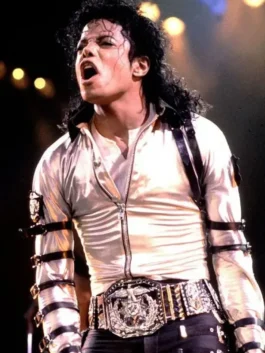 Michael Jackson Silver Bad Era Jacket in silver satin with shirt style collar, zipper closure, belt strap sleeves and viscose lining