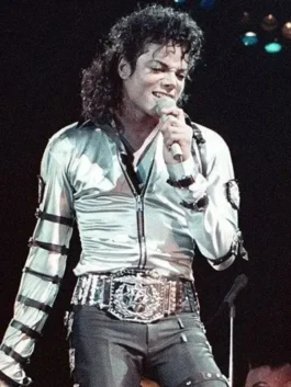 Michael Jackson Silver Bad Era Jacket front view in silver satin with shirt style collar, zipper closure and belt straps all over full length sleeves