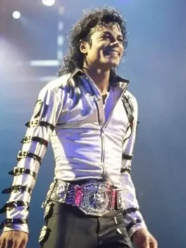 Michael Jackson Silver Bad Era Jacket in silver satin fabric with viscose lining, shirt style collar, open hem cuffs and belt strap full length sleeves