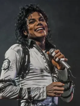 Michael Jackson Silver Bad Era Jacket in silver satin with shirt style collar, belt strap sleeves, open hem cuffs and viscose lining for MJ fans