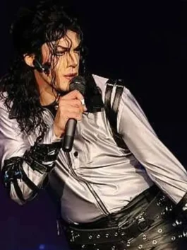 Michael Jackson Silver Bad Era Jacket in silver satin fabric with shirt style collar, zipper closure and belt straps all over sleeves