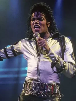 Michael Jackson Silver Bad Era Jacket in silver satin with viscose lining, shirt style collar, zipper closure and belt strap full length sleeves