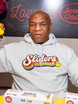 Mike Tyson Rainbow Sliders Hoodie in bold grey fleece with a hooded collar, kangaroo pockets and Mike Tyson's striking Rainbow Sliders everyday streetwear build.
