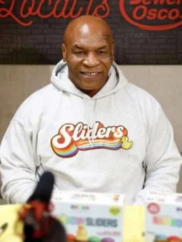 Mike Tyson Rainbow Sliders Hoodie front view in bold grey fleece with a hooded collar and striking Rainbow Sliders graphic detailing throughout the everyday build.