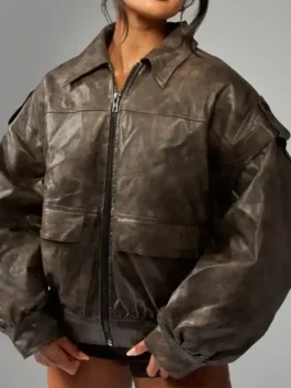 MISSGUIDED Oversized Brown Leather Bomber Jacket in brown real leather with shirt style collar, zipper closure and two outside and two inner pockets