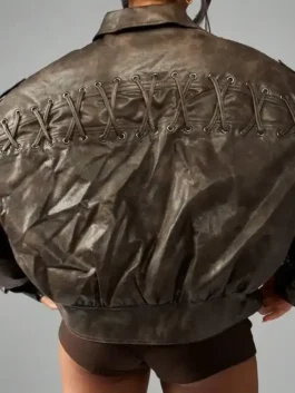 MISSGUIDED Oversized Brown Leather Bomber Jacket back view in brown real leather with shirt style collar, zipper closure and full length sleeves