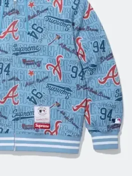 Supreme x Mitchell & Ness Braves Blue Hoodie in bold blue fleece with striking all over print Atlanta Braves detailing and a clean hooded zip-up everyday silhouette.