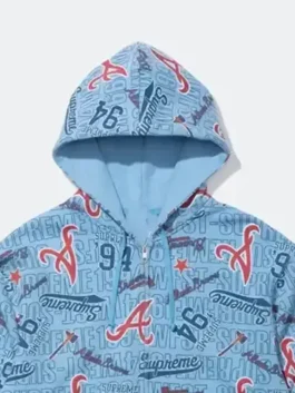 Supreme x Mitchell & Ness Braves Blue Hoodie front view in vibrant blue fleece with a hooded collar, zipper closure and bold Atlanta Braves collab detailing.